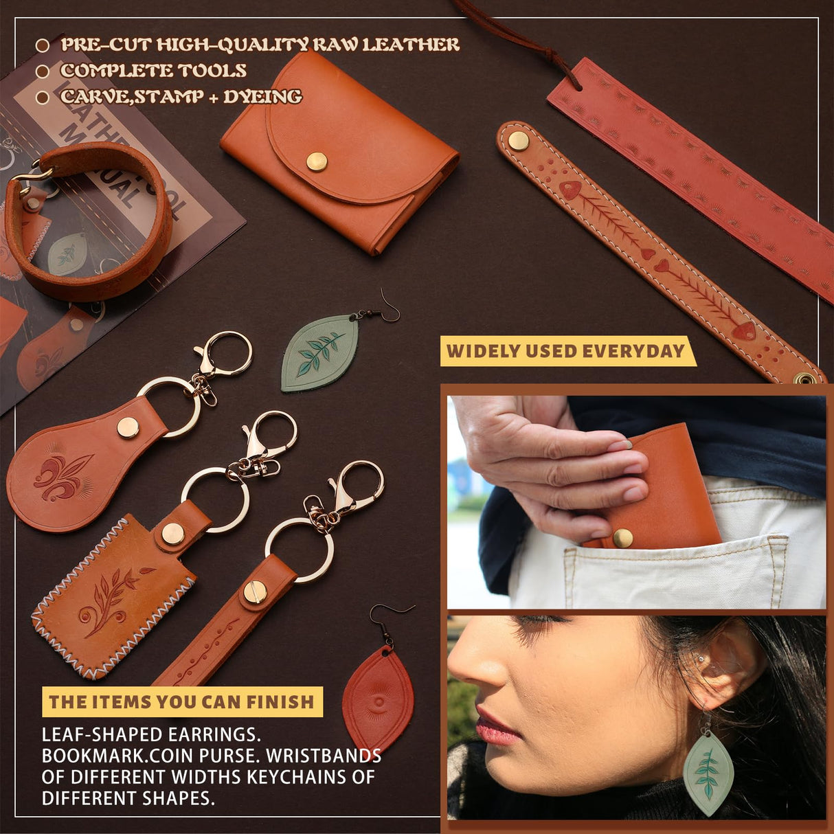 Leather Crafting Kit: Leather Working Tools and Supplies for DIY Craft Beginners Stamping Dyeing Carving Sewing Edge Sealing with Video Tutorials for Earrings Wallet Keychain Wristband Bookmark CBHGFEA