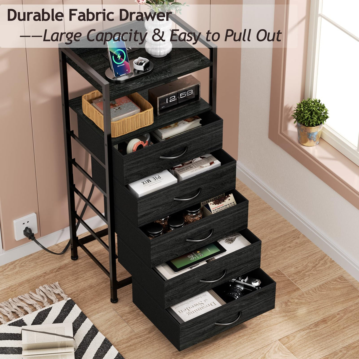 Furnulem 5 Drawer Nightstand with Shelf, Tall Black Dresser for Bedroom with Led Light and Charging Station, Bed Side Table for Living Room, Fabric Storage Bins, Metal Frame, Wood Furniture Furnulem