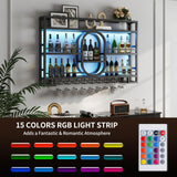 3-Tiers 47in Wine Rack Wall Mounted with LED Light, Floating Bar Shelves for Liquor Bottles Metal Industrial Display Shelf for Home Kitchen Bar Cafe Decoration, No Assembly Required Boshen