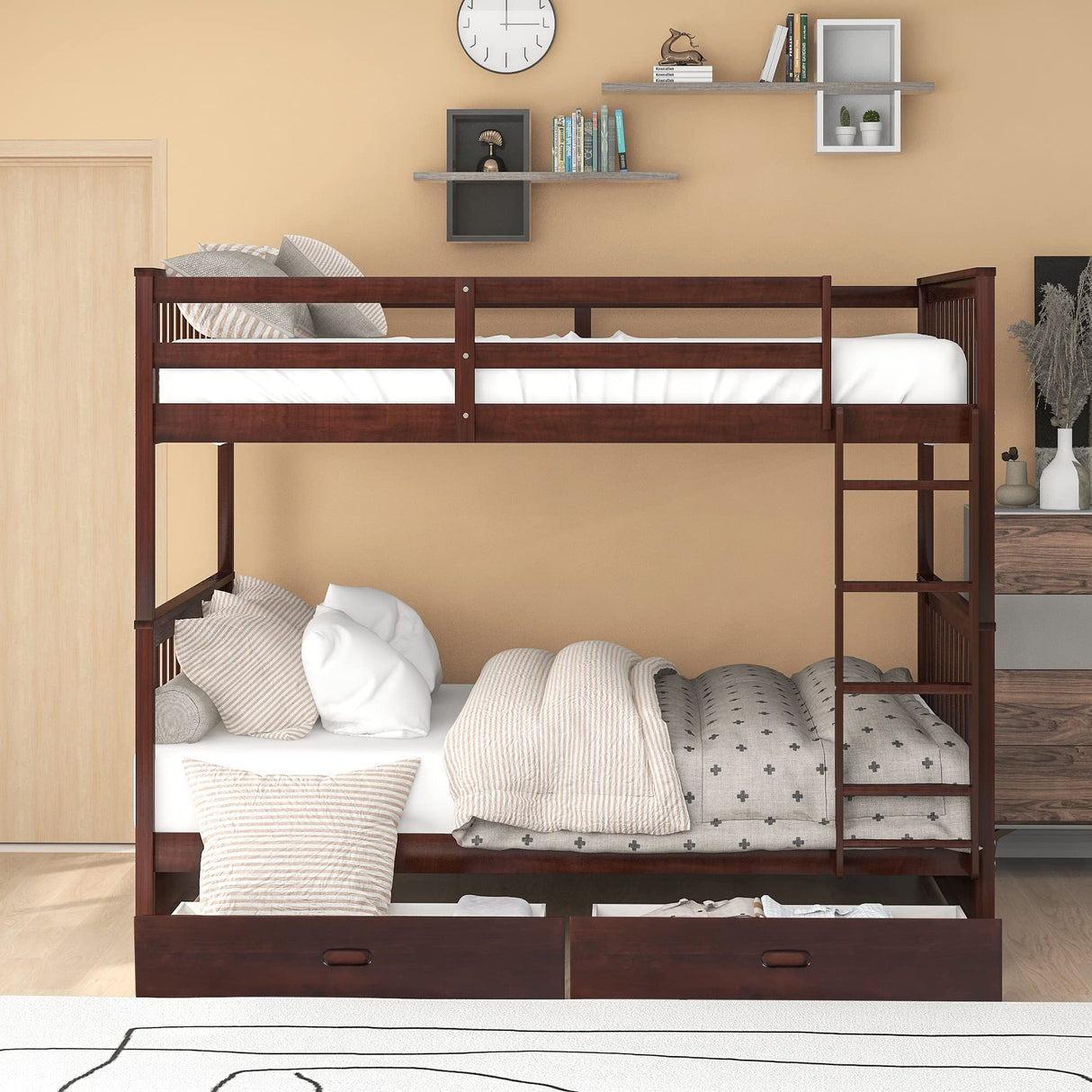 Harper & Bright Designs Full Over Full Bunk Bed with 2 Drawers, Solid Wood Platform Bed with Ladder, Full Length Guardrail and Headboard, No Spring Box Needed, Espresso Harper & Bright Designs