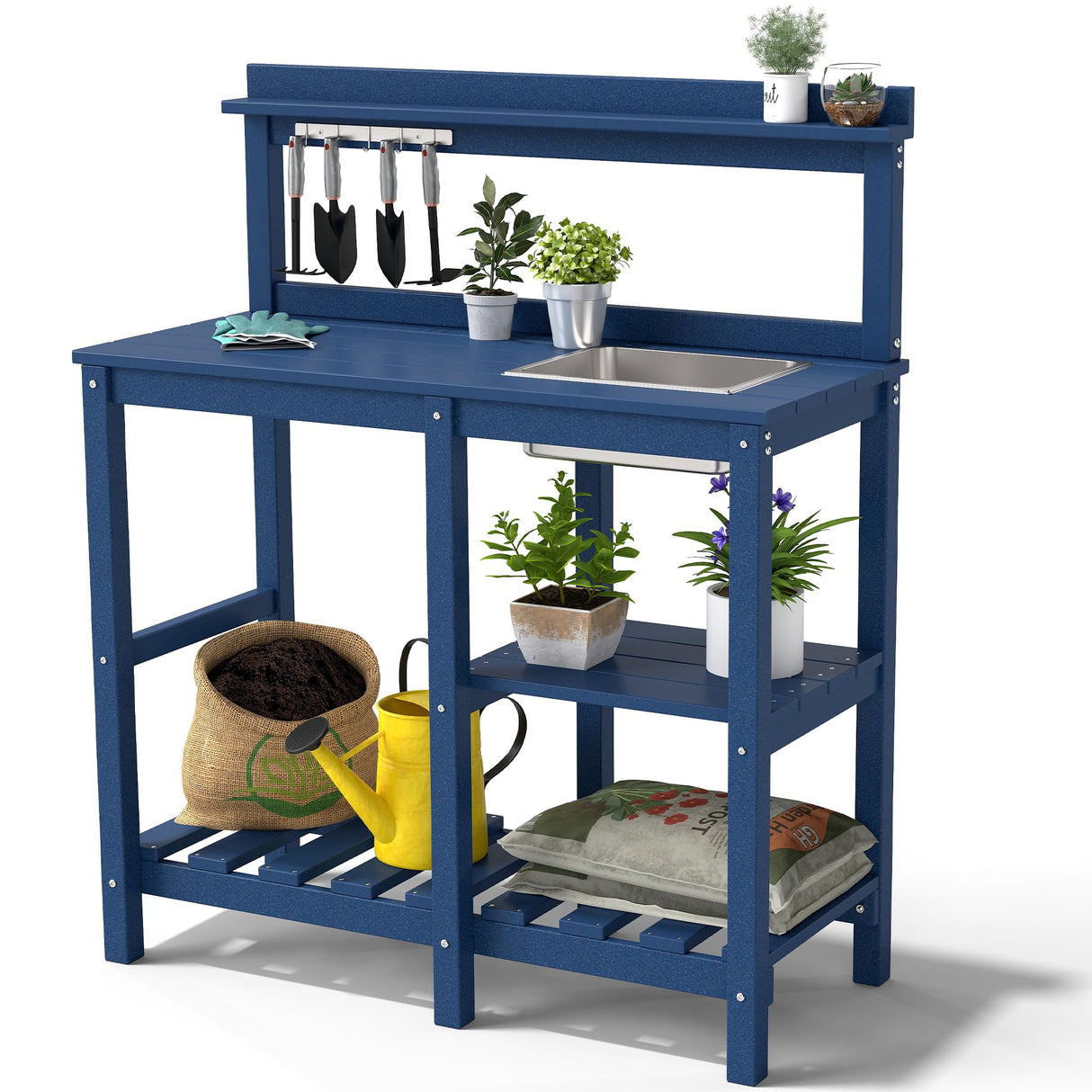 FOOWIN Potting Bench, HDPE Outdoor Potting Table with Sink, All-Weather Potting Benches for Outside, Gardening Table with Storage Shelf, Hook, for Garden, Patio, Lawns, Navy Blue FOOWIN