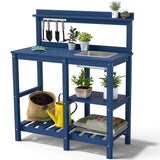 FOOWIN Potting Bench, HDPE Outdoor Potting Table with Sink, All-Weather Potting Benches for Outside, Gardening Table with Storage Shelf, Hook, for Garden, Patio, Lawns, Navy Blue FOOWIN