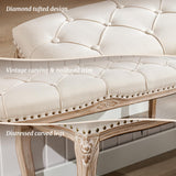 Cozyman Bedroom Bench, French Vintage Tufted Entryway Bench, 45.2" Carving Upholstered End of Bed Bench with Distressed Wood Legs, Linen Ottoman Bench Seat for Living Room, Foyer, Dining Room, Beige Cozyman