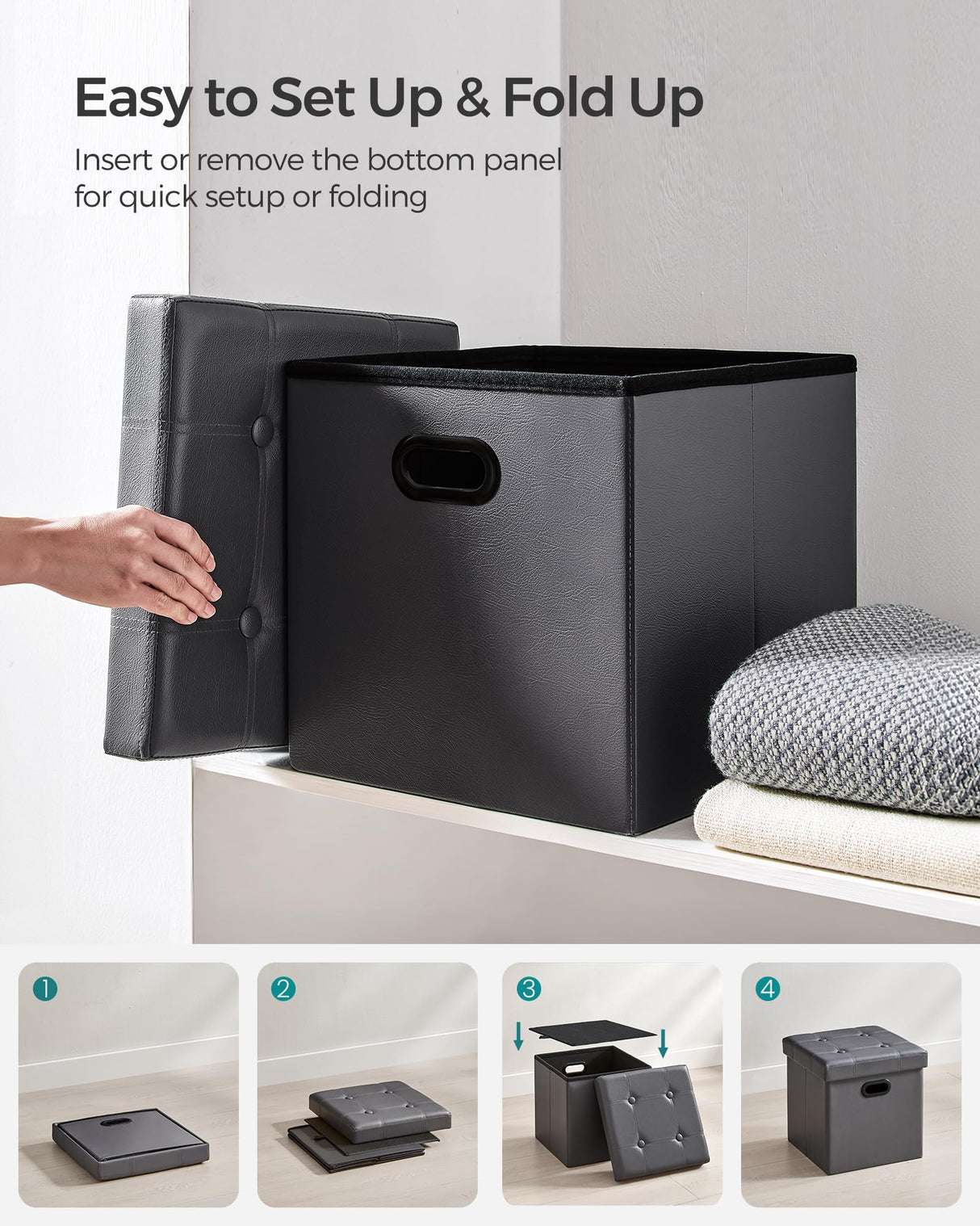 SONGMICS Mazie Collection - 15 Inches Ottoman with Storage, Footstool, Storage Ottoman with Metal Grommet Handles, Load 660 lb, for Dorm, Living Room, Bedroom, Synthetic Leather, Dark Gray ULSF030G01 SONGMICS