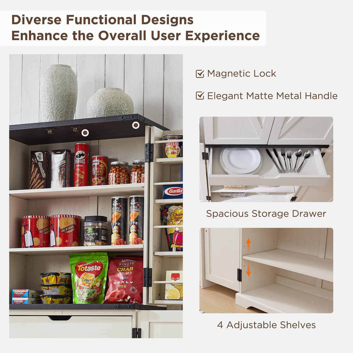 ACCOHOHO 72" Tall Kitchen Pantry, Farmhouse Storage Cabinet with Barn Doors, Organizer, Drawer and Adjustable Shelves, Rustic Wood Cupboard for Kitchen, Dining Room, Bathroom, Off White ACCOHOHO