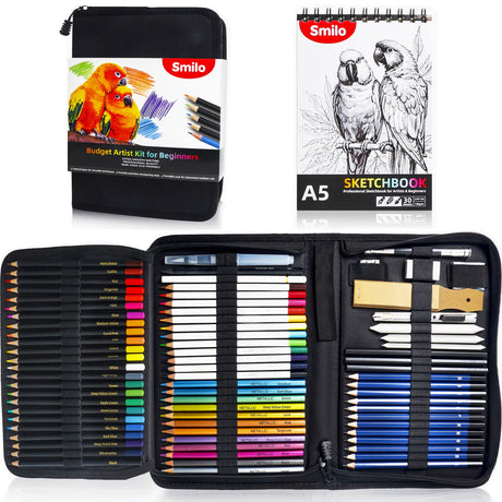 Smilo 76 Pack Professional Drawing Sketching Kit - Art Set with Sketchbook, Graphite/Colored/Charcoal/Watercolor/Metallic Pencils, Erasers & Sharpeners - Gift for Artists, Adults, Teens & Beginners Smilo