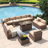 Aoxun 12 Piece Patio Furniture Set with 44” Fire Pit Table Wicker Rattan Outdoor Sectional Sofa Set with Coffee Table and Thickened Cushions, Beige (Waterproof Cover Included) Aoxun