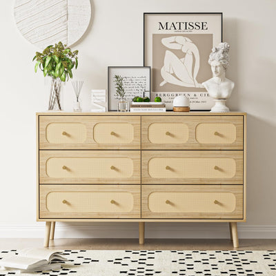 Wananlanen Rattan 6 Drawer Dresser for Bedroom, Wood Boho Double Chest of Drawers with Storage and Gold Handle, Modern Natural Rattan Dresser for Living Room, Kids Bedroom, Hallway, Entryway