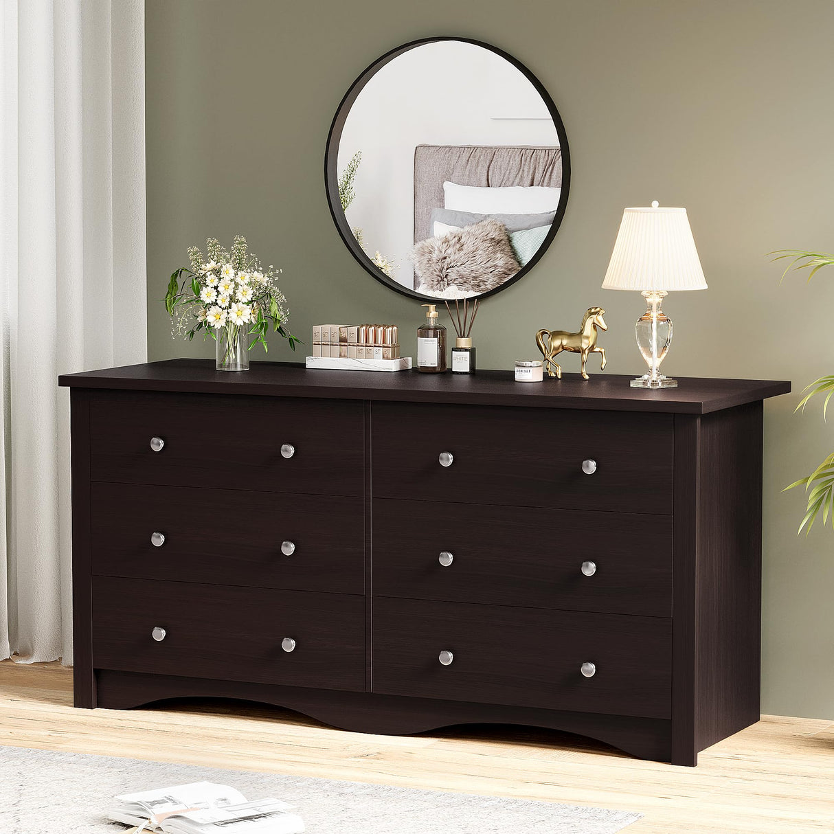 YESHOMY Dresser for Bedroom, 6 Drawer Dressers, Wide Modern TV Stand with Drawers, Hallway Entryway, Office (Brown) YESHOMY