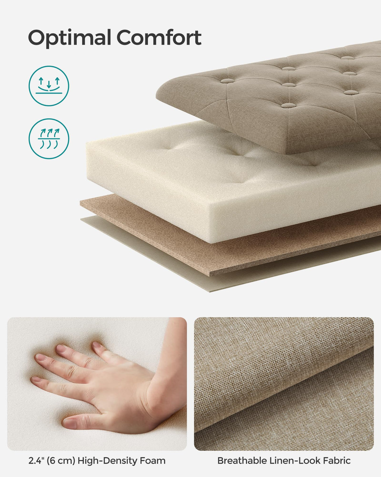 SONGMICS Storage Ottoman, Storage Bench, Tufted Entryway Bedroom Bench, 17.7 x 46.5 x 17.7 Inches, Hinges Easy Lid Operation, Wooden Legs, Linen-Look Cover, Loads 330 lb, Camel Brown ULOM070K01 SONGMICS