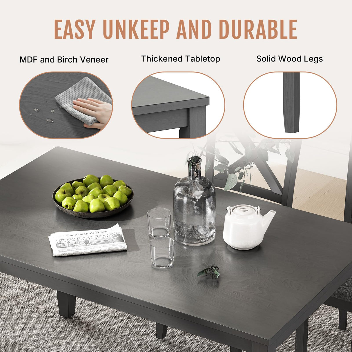 Zevemomo 6-Piece Wooden Dining Table Set, Dining Table Set for 6, Including 1 Dining Table, 4 Upholstered Chairs and 1 Bench, Wooden Legs Dining Table, Table Set for Dining Room, Grey Zevemomo