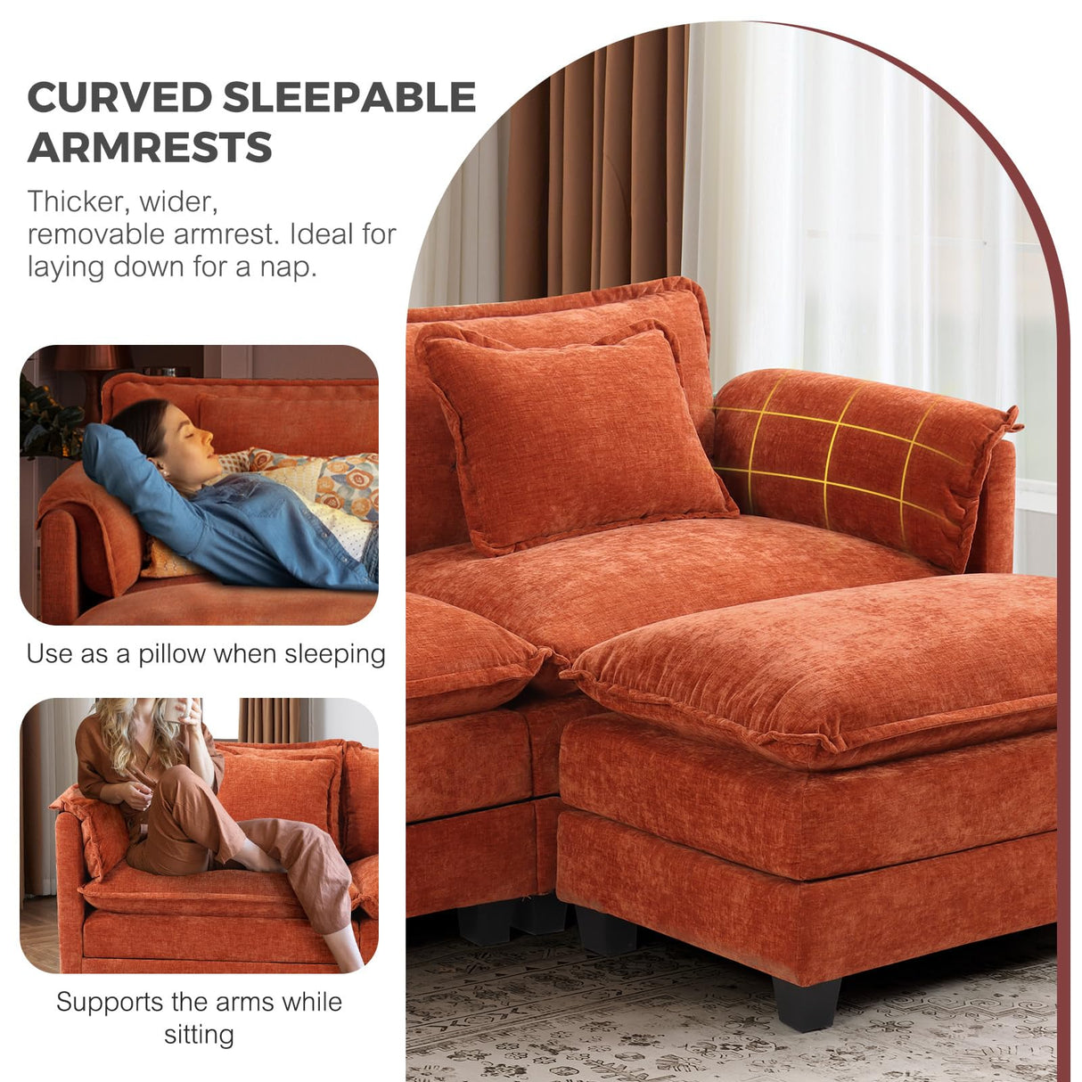 ELUCHANG Oversized 113" Modular Sectional Sofa, Comfy Cloud Couch, L Shaped Deep Seat Sofa Couches for Living Room, 4-Seater Modern Sofa with Movable Ottoman, DIY Combination - Chenille Terracotta ELUCHANG