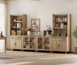 WAMPAT Entertainment Center with Bookshelves for TVs up to 75", Farmhouse Wall Unit TV Stand with Glass Doors & Drawer, Media Console Table for Living Room, Bedroom & Home Theater, Oak WAMPAT