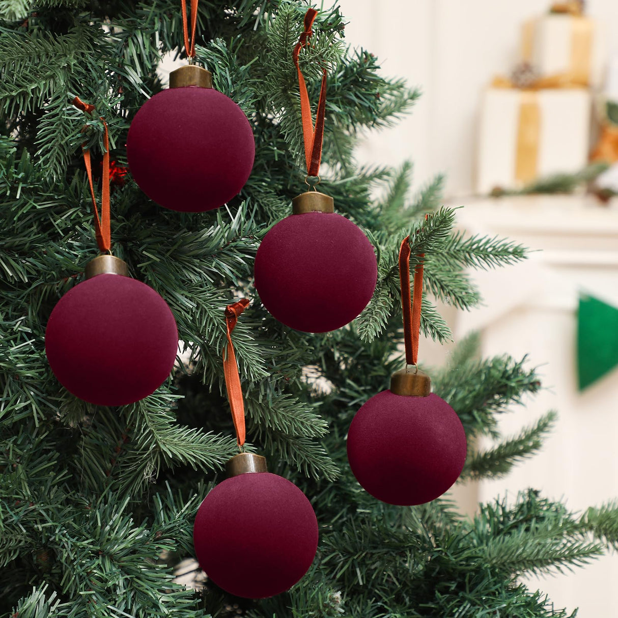 Liliful 15 Pcs Velvet Christmas Balls Bulk Flocked Christmas Tree Ball Ornaments Plastic Xmas Decorative Hanging Ornaments (Burgundy) Liliful