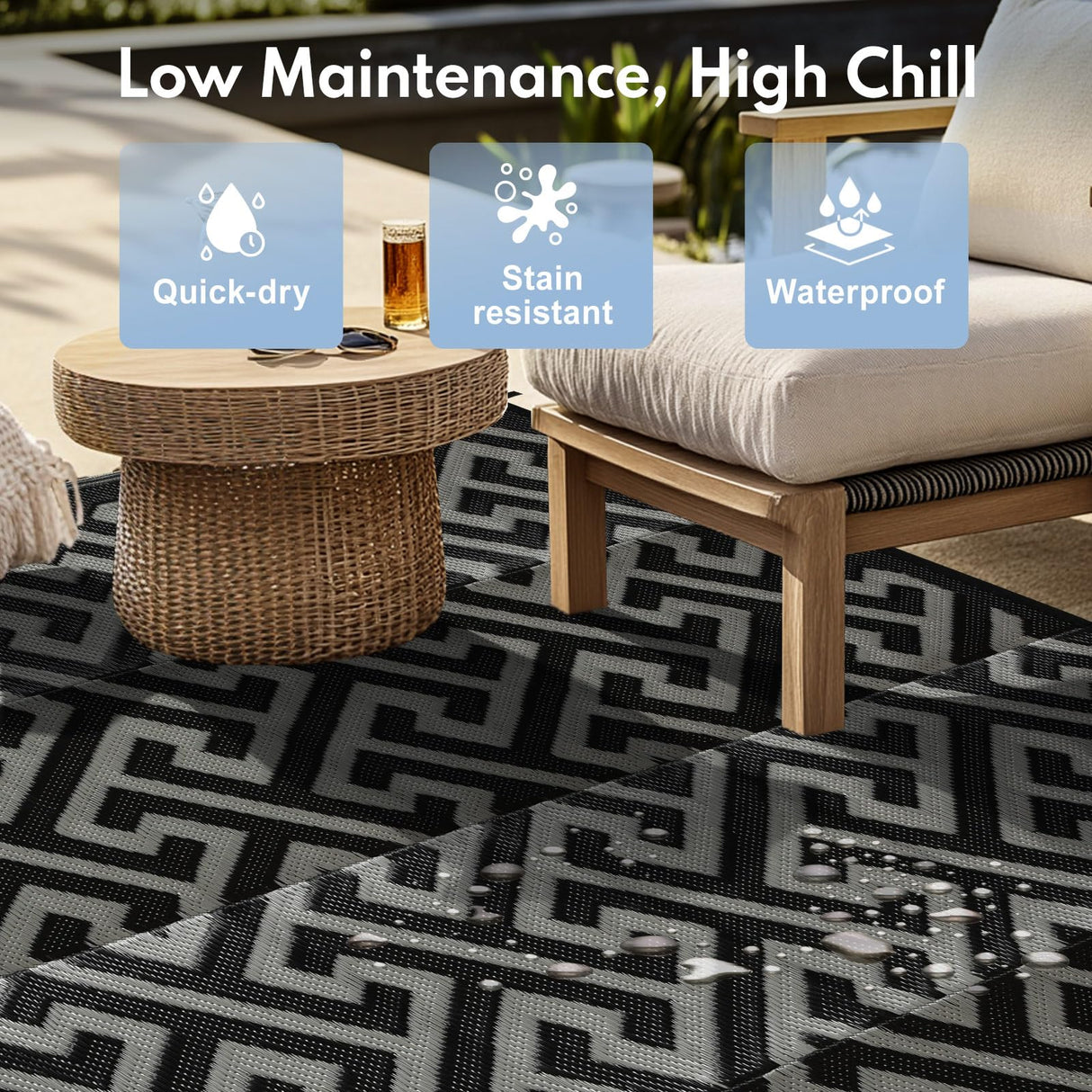 Waterproof Outdoor Rug 5x8 ft, Reversible Plastic Straw Rug, Easy to Clean Patio Rug, Portable Carpet for Patio, RV, Deck, Balcony, Backyard, Picnic, Beach, I-Shaped, Black PASAMIC