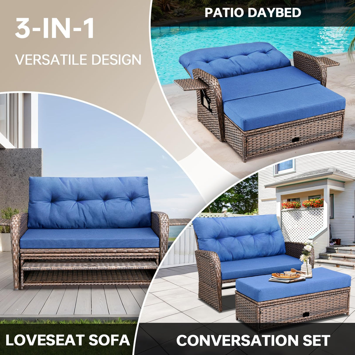 Bellefurn Patio Rattan Daybed, Wicker Recliner Loveseat for Two with Multifunctional Recliner and Stowable Side Tray, 5 Level Adjustable Backrest (Brown Wicker/Blue Cushion) Bellefurn