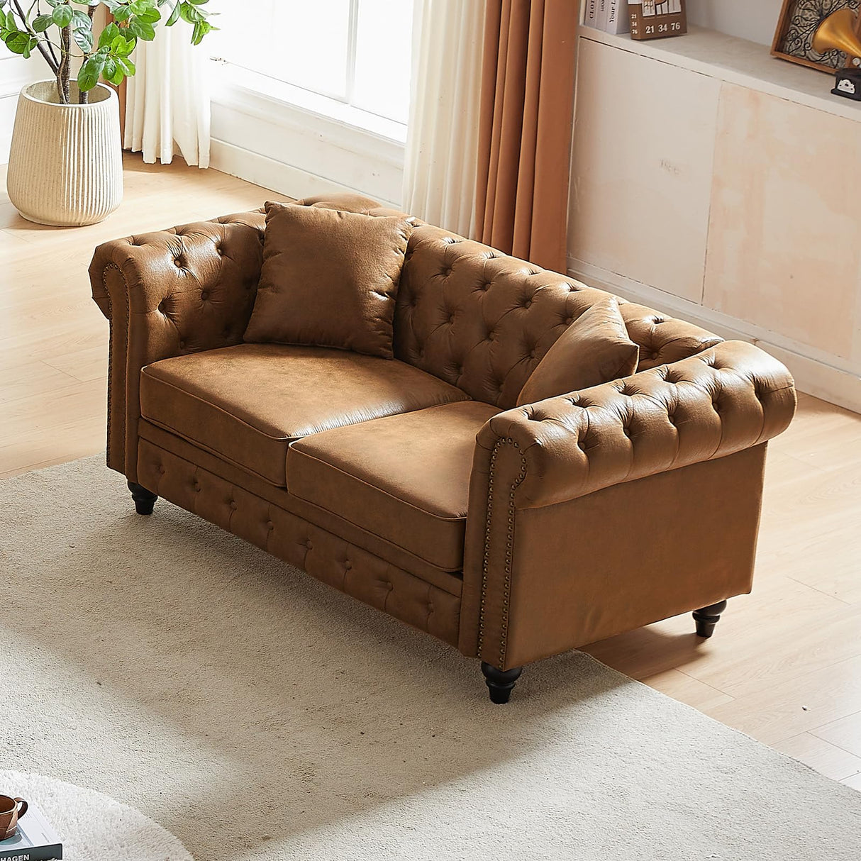 Modern Chesterfield Sofa Couch, 63.5-inch Tech Fabric Loveseat Sofa with Rolled Armrests and Tufted Button for Living Room, Office, Brown Antetek