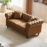 Modern Chesterfield Sofa Couch, 63.5-inch Tech Fabric Loveseat Sofa with Rolled Armrests and Tufted Button for Living Room, Office, Brown Antetek