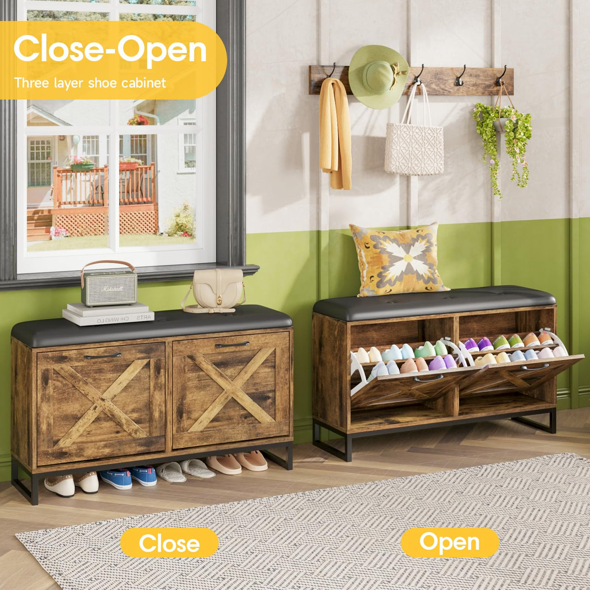 Maupvit Shoe Cabinet with 2 Flip Drawers & Coat Rack, Shoe Storage Bench with Seat Cushion for Entryway, 5 Large Sturdy Metal Hooks - with Locking Wall Parts, Farmhouse Brown Maupvit