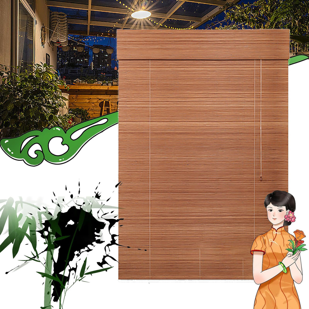 Retro Outdoor Shades for Patio Bamboo Roller Blinds, Bamboo Roll Up Blinds Bamboo Roll Up Shades, Bamboo Shades Blinds Porch Blinds Outdoor/Indoor Window Privacy 34×87in（W×H） Brown OCAZI