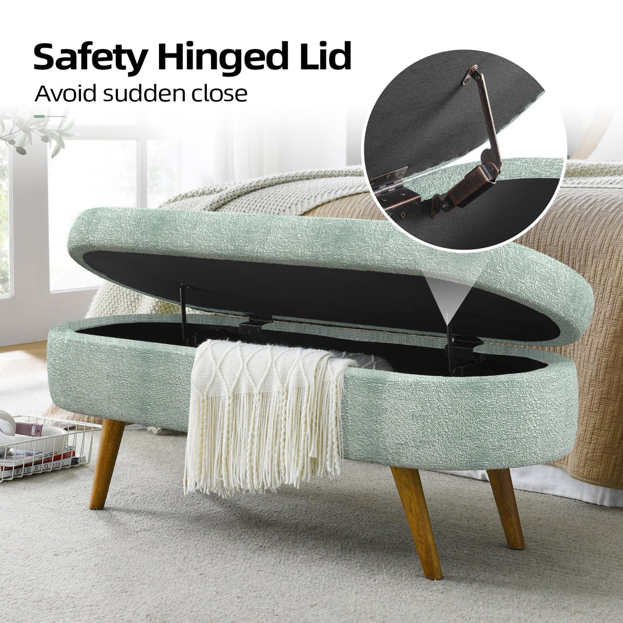 TODRANI Storage Ottoman Bench for Bedroom,43.5" Boucle Upholstered Entryway Shoe Seat Bench with Storage, Modern Padded Blanket Chest Stool Footrest for Living Room or Window Seating(Cyan) TODRANI