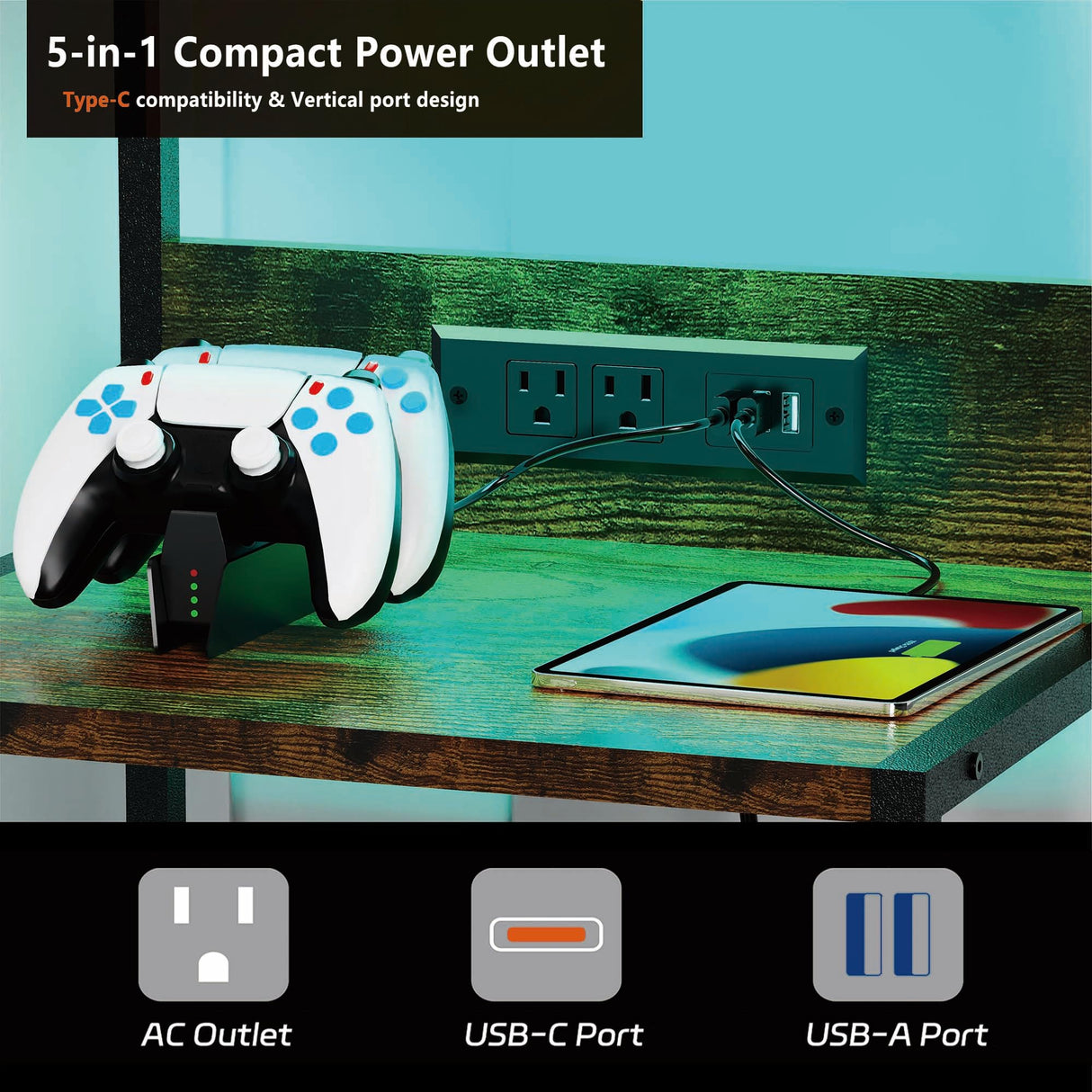 SZLHANJZ Nightstands Set of 2 with Outlet and USB C Port, Bedroom Night Stand with Led Lights and 3 Fabric Drawers, Matching Bedside Tables with Hooks, Vintage Style Storage End Tables, Rustic Brown SZLHANJZ