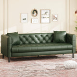 81" Mid-Century Modern Leather Sofa for Living Room, Chesterfield Sofa with Deep Seats and 2 Pillows, 3 Seater Couch with Button Tufted, Leather Couch for Apartment, Office, Green IDEALHOUSE