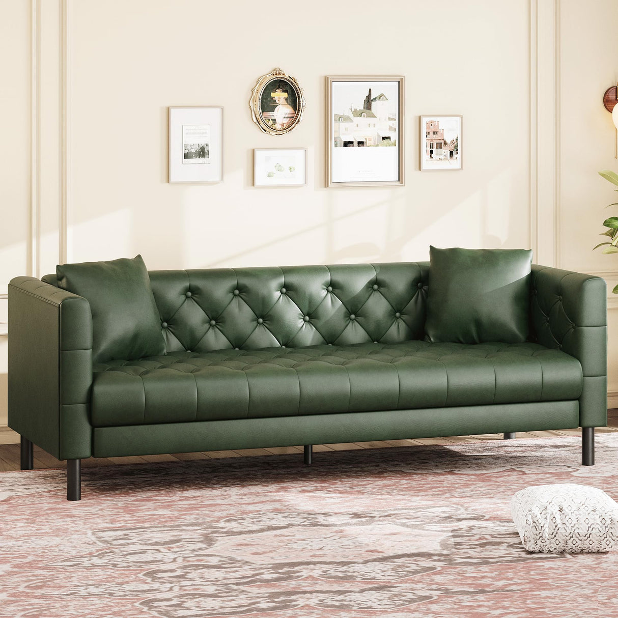 GarveeHome 81 in Leather Couch for Living Room, Modern Sofa Couch with Deep Seat and 2 Pillows, Handmade Button Tufted 3 Seater Sofa, Leather Sofa for Apartment, Office, Green GarveeHome