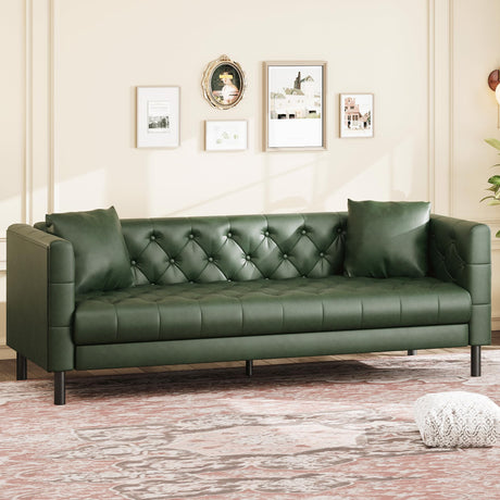 GarveeHome 81 in Leather Couch for Living Room, Modern Sofa Couch with Deep Seat and 2 Pillows, Handmade Button Tufted 3 Seater Sofa, Leather Sofa for Apartment, Office, Green GarveeHome