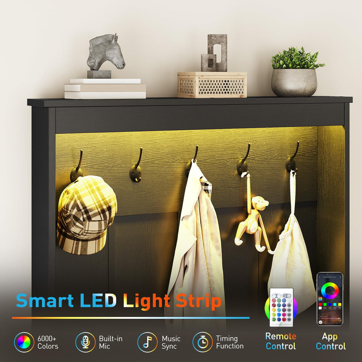 Farmhouse Shoe Storage Cabinet with 2 Flip Drawers & Coat Rack, LED Light, Hall Tree with Hidden Shoe Cabinet, Freestanding Shoes Organizer Cabinet for Entryway, Hallway, and Living Room, Black RALGEND