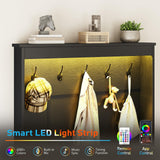 Farmhouse Shoe Storage Cabinet with 2 Flip Drawers & Coat Rack, LED Light, Hall Tree with Hidden Shoe Cabinet, Freestanding Shoes Organizer Cabinet for Entryway, Hallway, and Living Room, Black RALGEND