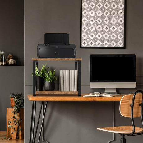 Cakokow Under Desk Printer Stand - 2-Tier Industrial Mobile Printer Table with Storage Shelf, Heavy Duty Wood Rolling Printer Cart with Wheels for Home and Office,Rustic Brown Cakokow