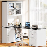 YITAHOME L Shaped Executive Desk with Hutch and Drawers, Farmhouse Home Office Desk with Power Outlet, Wood Corner Computer Desk with Sliding Door, Storage Cabinet with Glass Door, White & Black YITAHOME