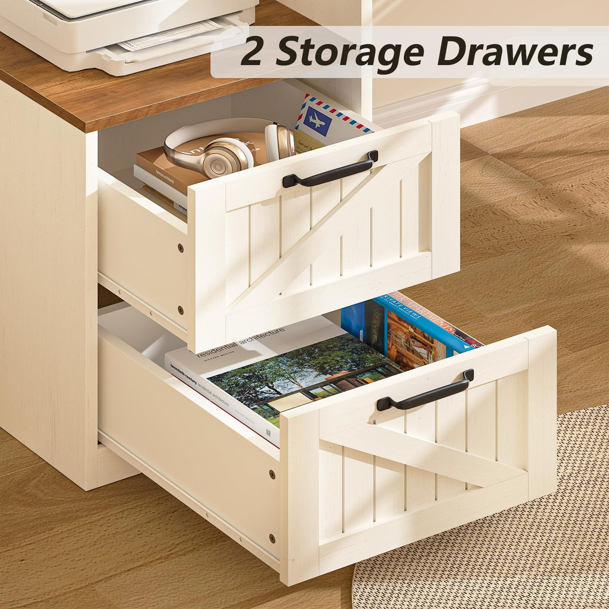 YOMILUVE 63" Farmhouse L Shaped Executive Desk with Drawers & Storage Shelf, Corner Computer Desk with Power Outlets, L Shaped Office Desk with Monitor Stand, Printer Shelf, Antique White YOMILUVE