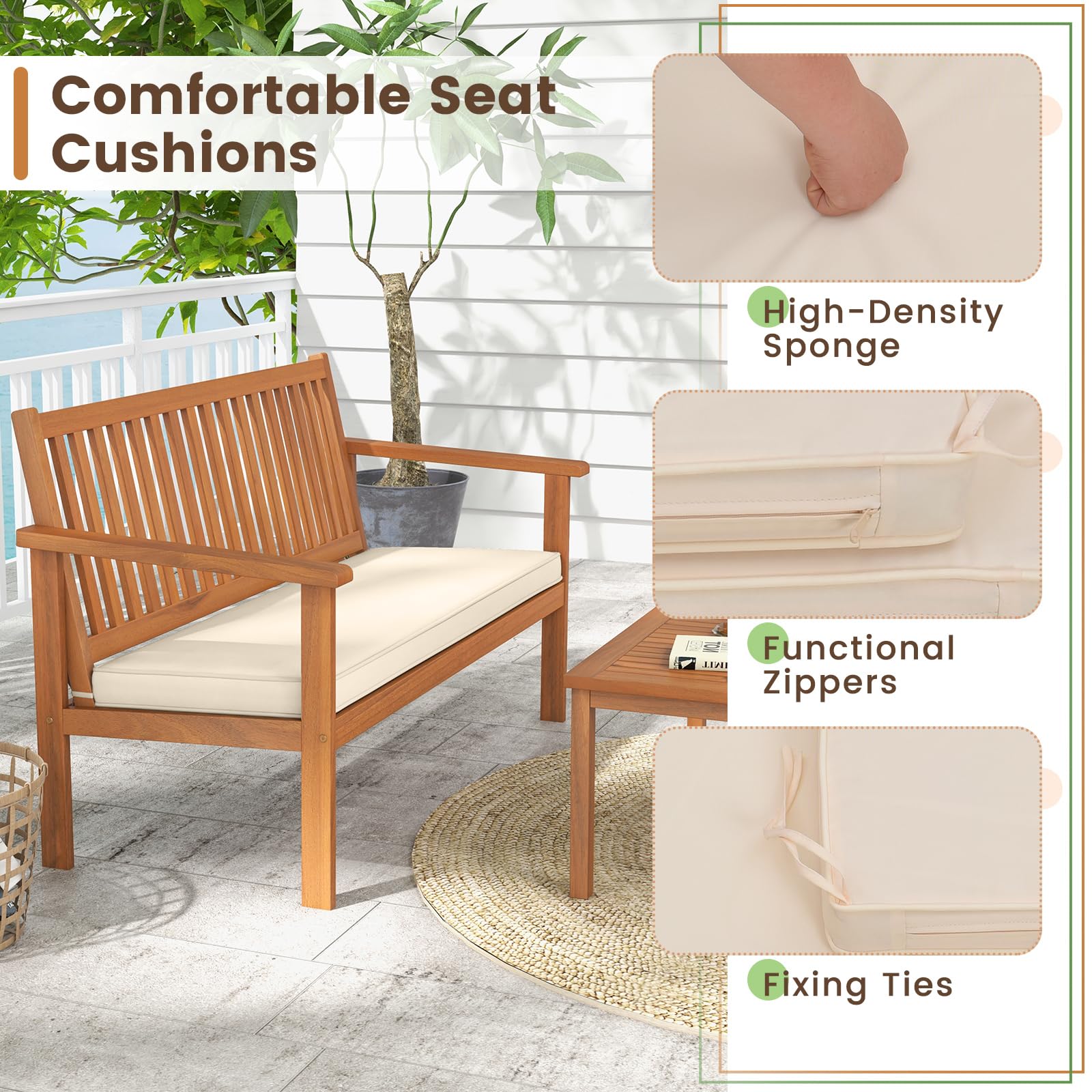 Tangkula 4 Piece Patio Wood Furniture Set, Acacia Wood Sofa Set w/Loveseat, 2 Chairs & Coffee Table, Soft Seat Cushions, Outdoor Wood Furniture Set for Porch, Yard, Balcony (Off White) - WoodArtSupply