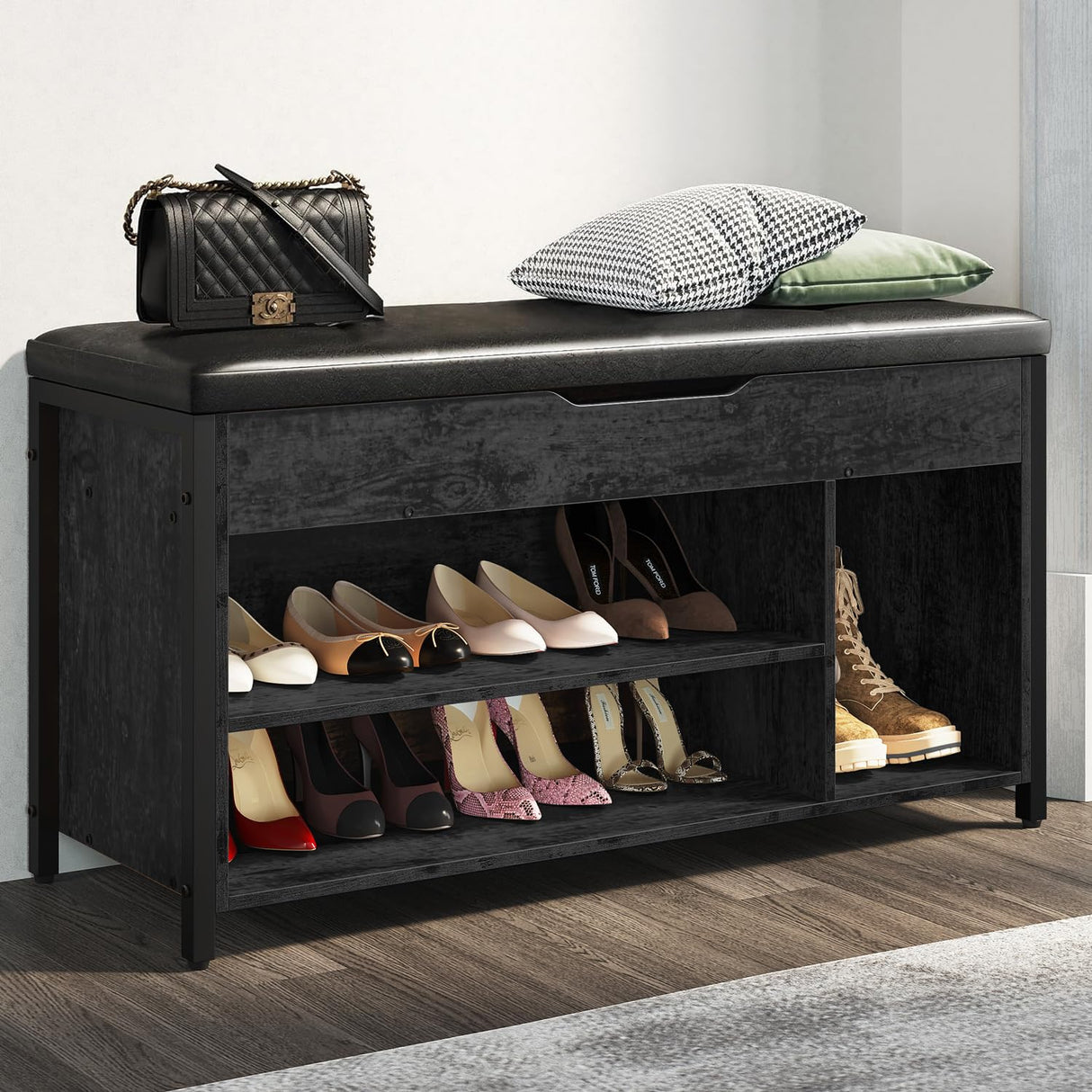astimey Shoe Bench, Lift Top Shoe Storage Bench, Adjustable Shelf Entryway Bench, Metal and Wood Shoe Rack Organizer with Cushion for Entry, Bedroom, Closet, Living Room, Hallway, Black 39.5W astimey