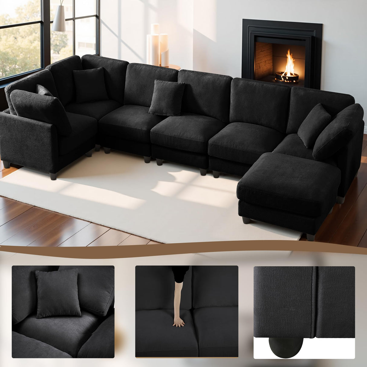 117" Modular Sectional Sofa,U-Shaped Chenille Sofa Couch with Movable Ottoman,Modern 7 Seat Cloud Sectional Couches for Living Room Office Home (Black, 117" U-7 Seater) Anwick