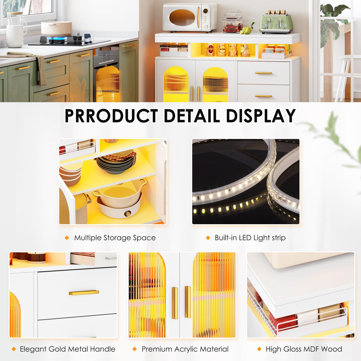 soges 39.4" LED Buffet Cabinet, Modern Sideboard Buffet with RGB 7-Color Light Strip, Large Kitchen Storage Cabinet with Storage for Bar, Office, Coffee Bar Station with 3 Drawers soges