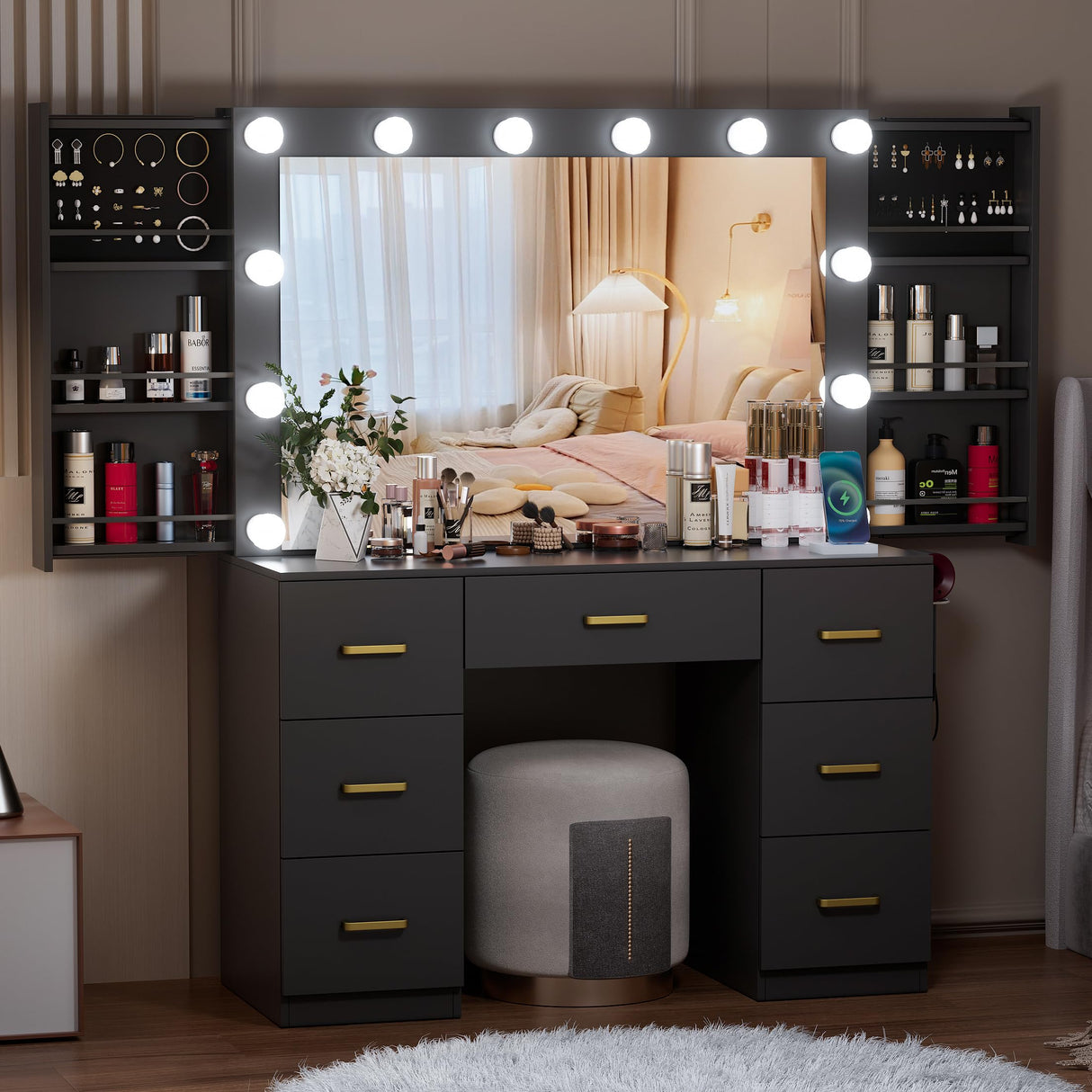 FURNJOYLIFE Black Makeup Vanity Desk with Lighted Mirror & Power Outlet,3 Color Modes, Brightness Adjustable,Vanity Table with Drawer,Sliding 2 Storage Wall-Mounted Jewelry,4 Shelves for Bedroom FURNJOYLIFE
