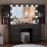 FURNJOYLIFE Black Makeup Vanity Desk with Lighted Mirror & Power Outlet,3 Color Modes, Brightness Adjustable,Vanity Table with Drawer,Sliding 2 Storage Wall-Mounted Jewelry,4 Shelves for Bedroom FURNJOYLIFE