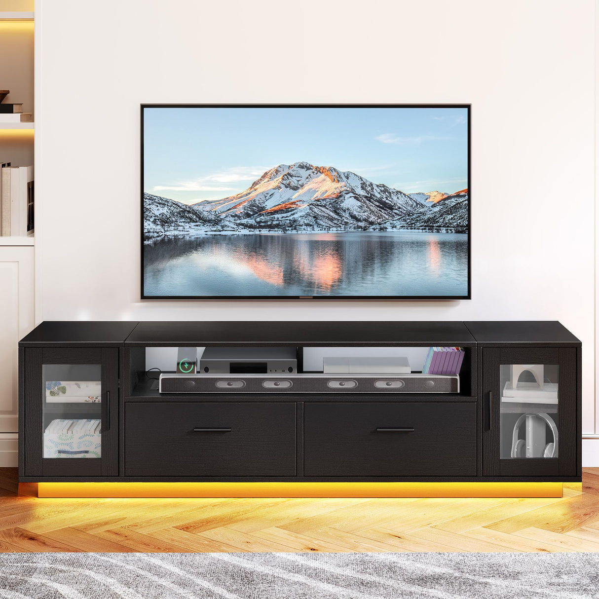 YITAHOME TV Stands for Living Room, Modern TV Stand for 65/70 inch TV, LED TV Entertainment Center with Storage & Power Outlets, TV Console Cabinet, Black YITAHOME