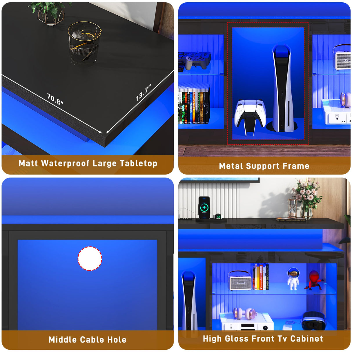 71" LED TV Stand with Power Outlet,60-Colors LED Lights for 65 70 80 in TV,High Gloss Gaming Entertainment Center w/Adjustable Shelves,Black TV Console with Modern Design for Living Room Bedroom Hlivelood