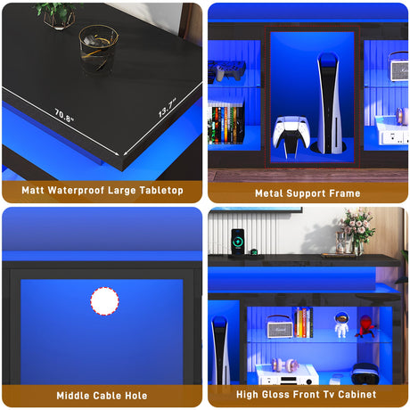 71" LED TV Stand with Power Outlet,60-Colors LED Lights for 65 70 80 in TV,High Gloss Gaming Entertainment Center w/Adjustable Shelves,Black TV Console with Modern Design for Living Room Bedroom Hlivelood
