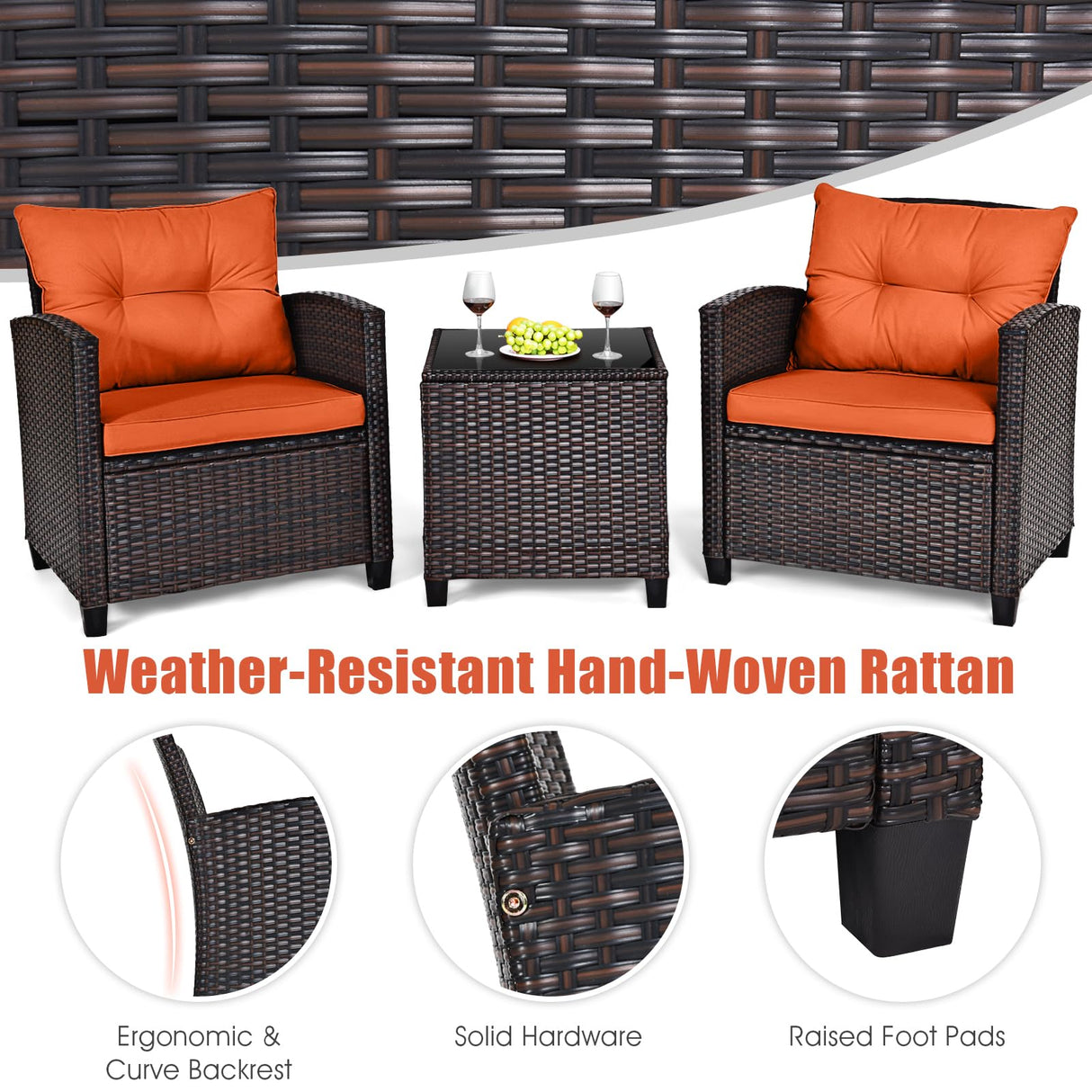 KOTEK 3 Piece Patio Furniture Set, Outdoor Conversation Set with Washable Cushions & Tempered Glass Tabletop, PE Rattan Wicker Bistro Set for Porch, Garden, Balcony (Orange) KOTEK