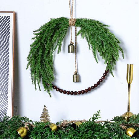 Dingion Norfolk Pine Christmas Wreath with Wood Bead 11.8 in Christmas Norfolk Pine Wreath for Front Door Farmhouse Rustic Xmas Artificial Door for Window Wall Hanging Decor(Classic) Dingion