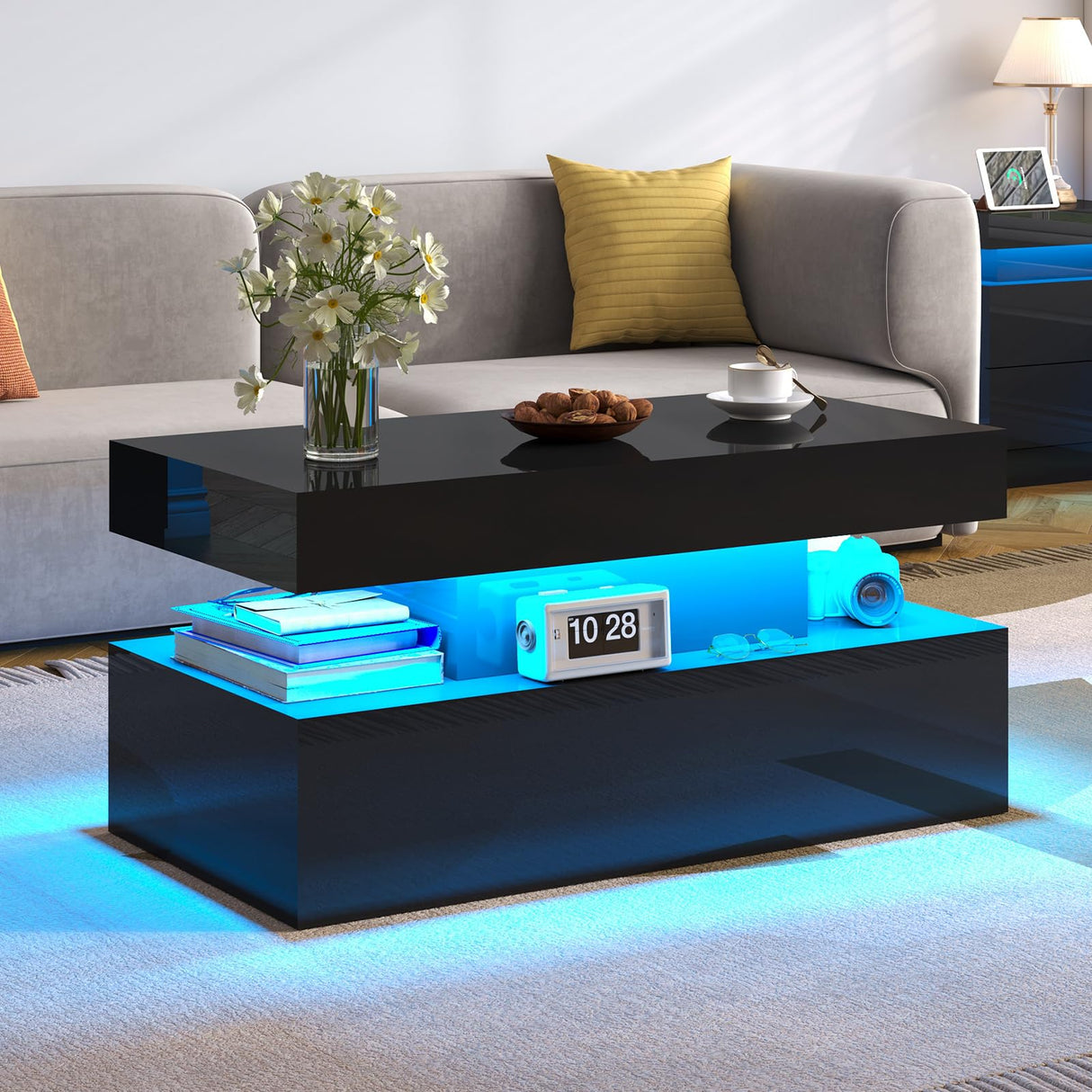 LUXOAK Coffee Table with LED Light, Modern High Gloss Finish Center Table with 2-Tier Storage Space, Minimalist Coffee Table for Living Room, Office, Black LUXOAK