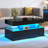 LUXOAK Coffee Table with LED Light, Modern High Gloss Finish Center Table with 2-Tier Storage Space, Minimalist Coffee Table for Living Room, Office, Black LUXOAK