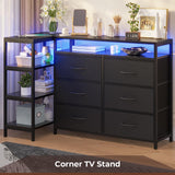 HAUOMS TV Stand for 60 Inch TV,Entertainment Center with Power Outlets and LED Lights,L Shaped Convertible Dresser with Open Shelf, 6 Drawers with PU Finish, for Living Room,Black HAUOMS