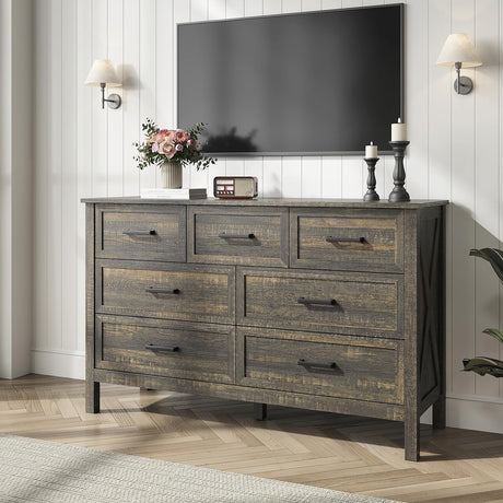 BAZELOR Farmhouse 7 Drawers Dresser for Bedroom, Wood Rustic Wide Chest with Natural Texture, Farmhouse Chest of Drawers for Bedroom, Hallway, Entryway, Dark Brown BAZELOR