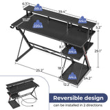 SEVEN WARRIOR Gaming Desk with LED Lights & Power Outlets, 39" Computer Desk with Monitor Stand & Storage Shelf, Gaming Table with Earphone Hook, Office Desk with Footrest, Carbon Fiber Black SEVEN WARRIOR